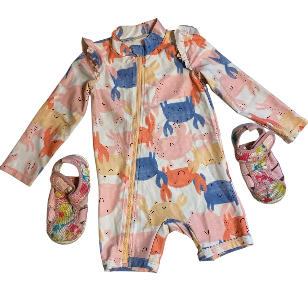 Carter's Multicolor Animal Print Swimsuit size 2T and swim shoes child size 8